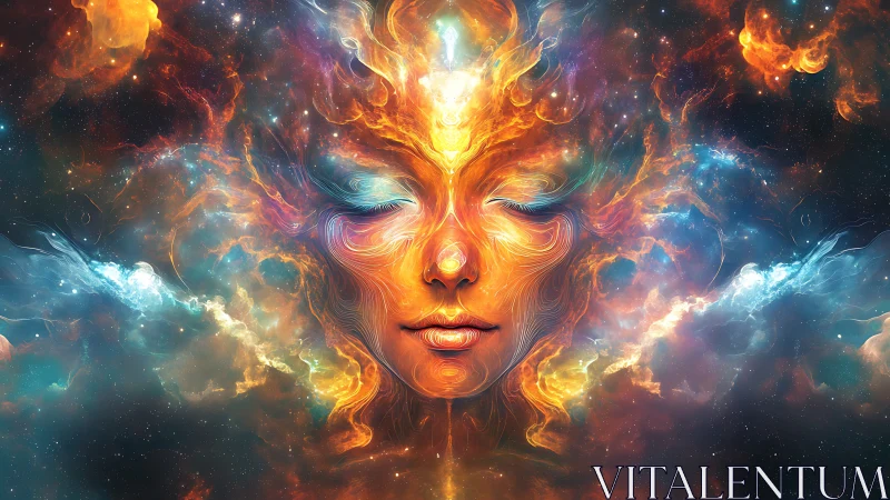 Cosmic feminine visage dissolves into swirling nebulae