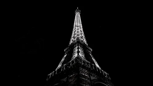 Monochrome Eiffel Tower night study from low vantage point.