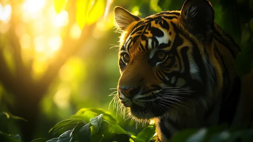 Tiger watches from sunlit jungle shadows in golden silence.