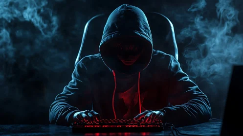 Obscured cyber-operator at illuminated keyboard in dense vapor.