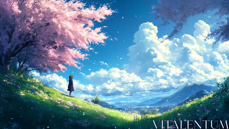 Girl stands on grassy hill under pink cherry blossom tree
