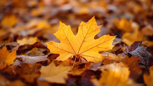 Single yellow maple leaf on forest ground in shallow focus.