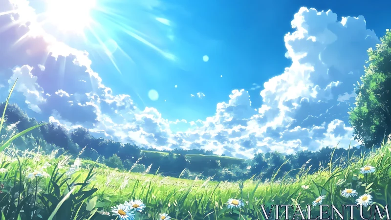 Sunlit summer meadow stretches under towering cumulus clouds