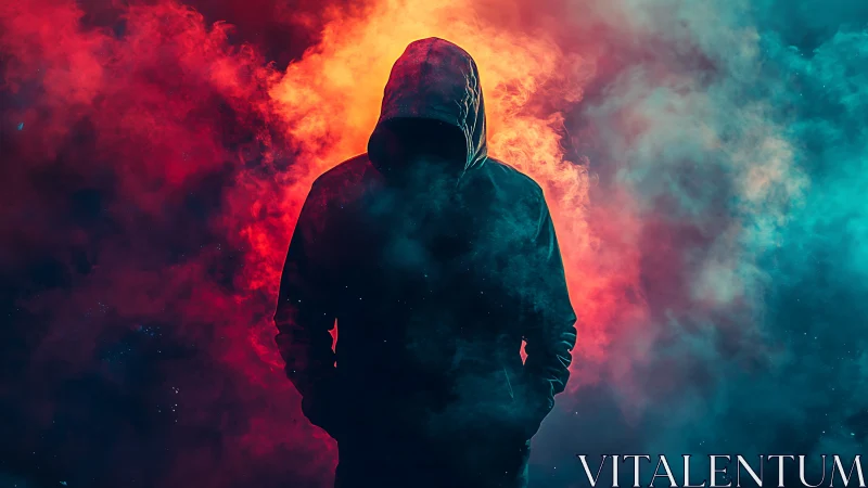 Hooded silhouette stands within neon smoke and fire haze.