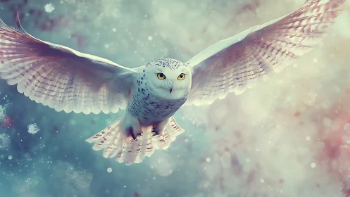 Majestic snowy owl in flight with dreamy, ethereal background.