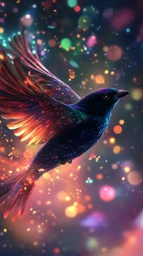 Iridescent bird in flight amid luminous bokeh storm.