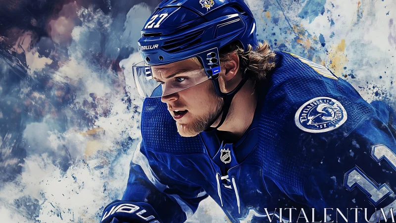 Focused ice hockey player in blue jersey mid-game portrait.