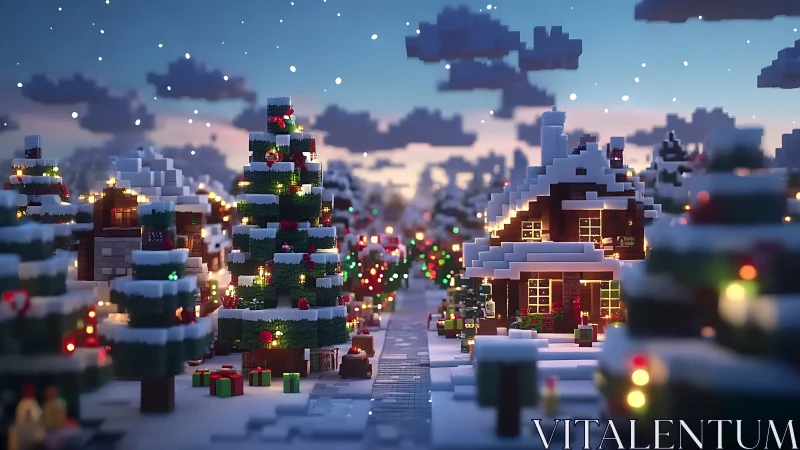 Voxel winter village shows glowing Christmas street scene