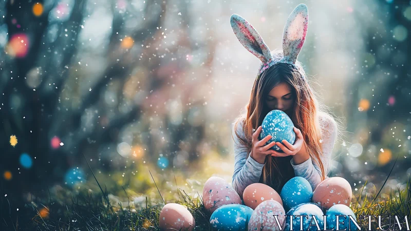 Quiet spring magic with bunny ears and speckled eggs.