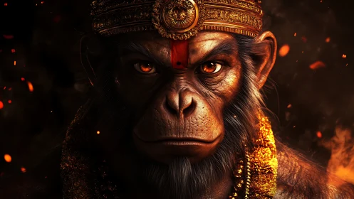 Regal monkey deity gazing through glowing embers with calm.