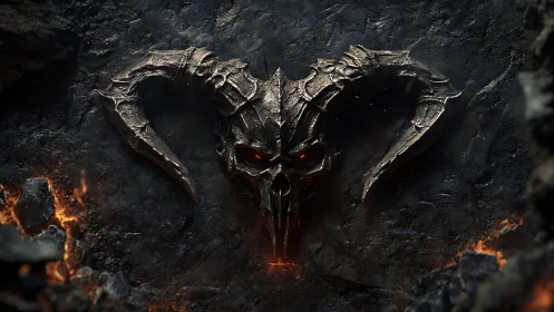 Infernal horned skull relief on charred volcanic stone wall