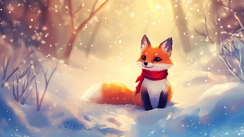 Cozy red fox in a snowy forest glow, wrapped in winter warmth.