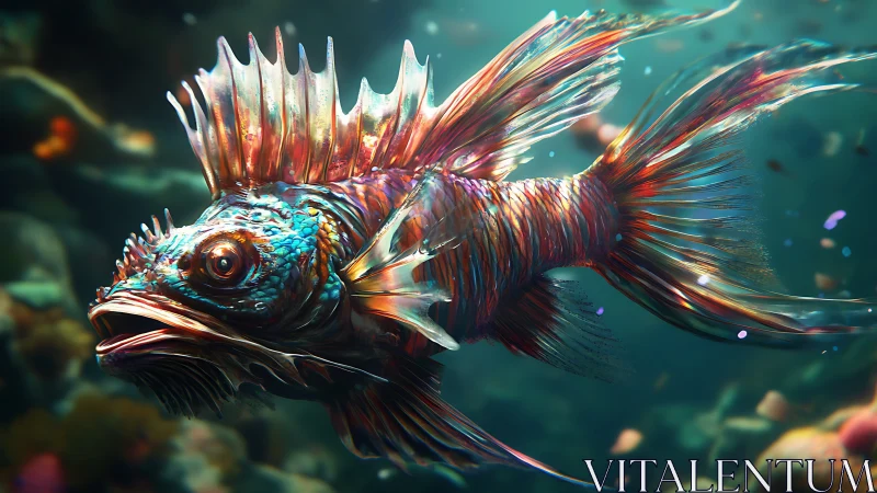 3D bioluminescent reef fish with iridescent fins in motion.