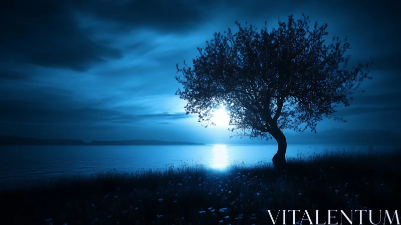 Soft moonlit tree welcomes a quiet blue lakeside night