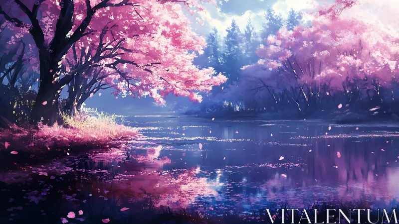 Chromatic sakura riverbank under diffuse atmospheric light.