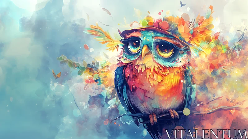 Whimsical Colorful Owl in Watercolor Fantasy Style Artwork.