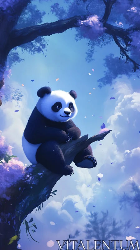 Juvenile panda perched on flowering tree limb at blue twilight