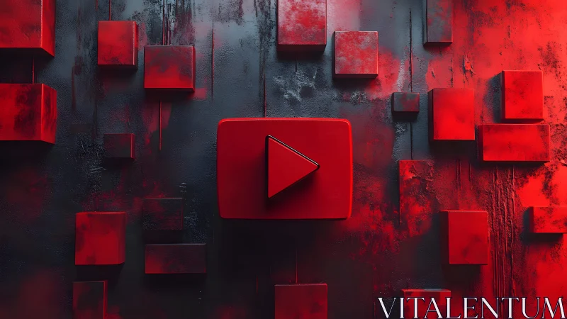 Abstract 3D YouTube Play Button on Red and Black Textured Background.