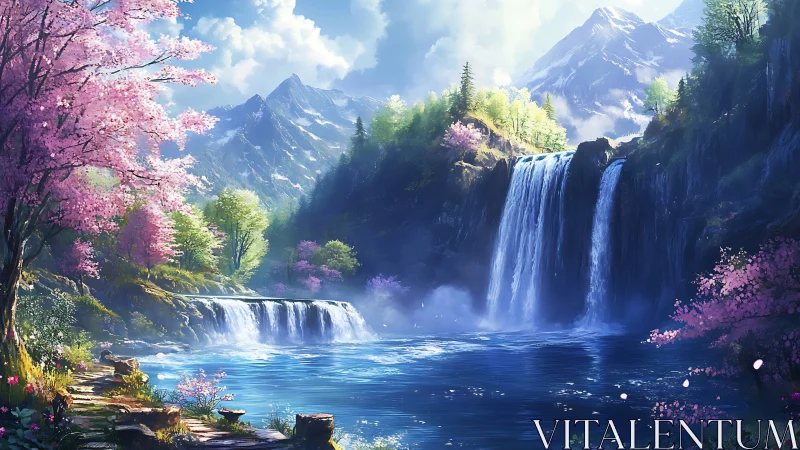 Cascading alpine waterfalls amid luminous spring flora.