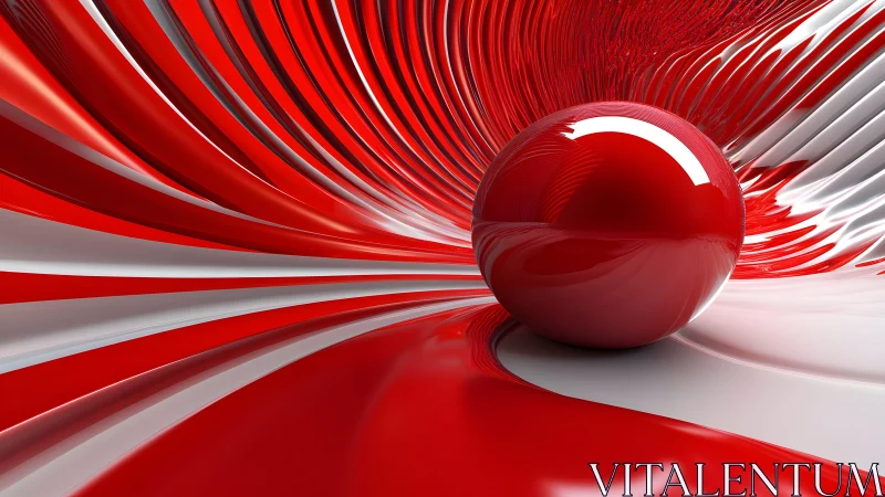 Red reflective sphere in dynamic striped tunnel abstraction.