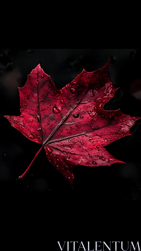 Macro analysis of crimson maple leaf with surface raindrops.