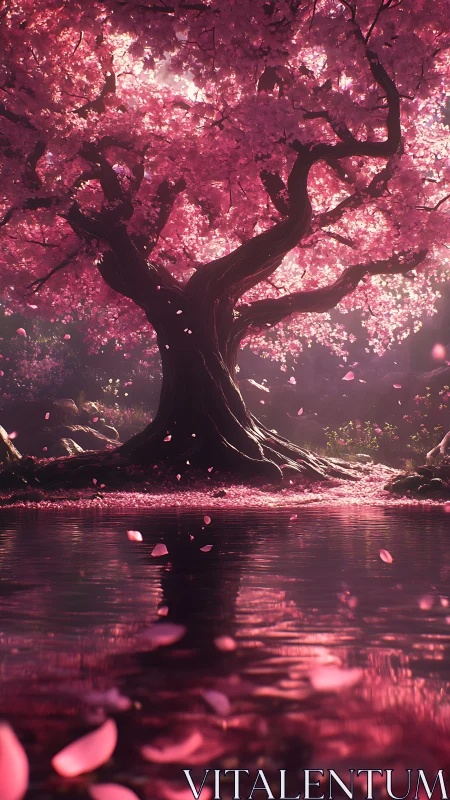 Luminescent cherry blossom tree arches over reflective pond