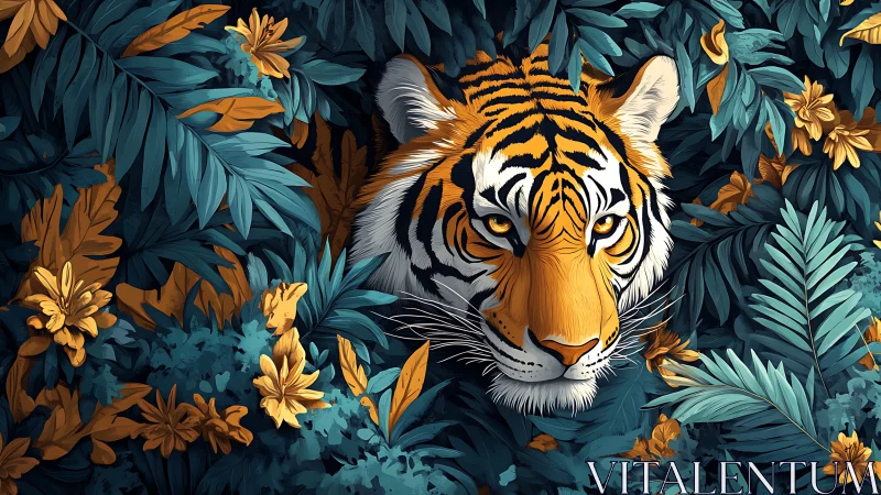Tiger face framed by dense teal and gold jungle foliage.