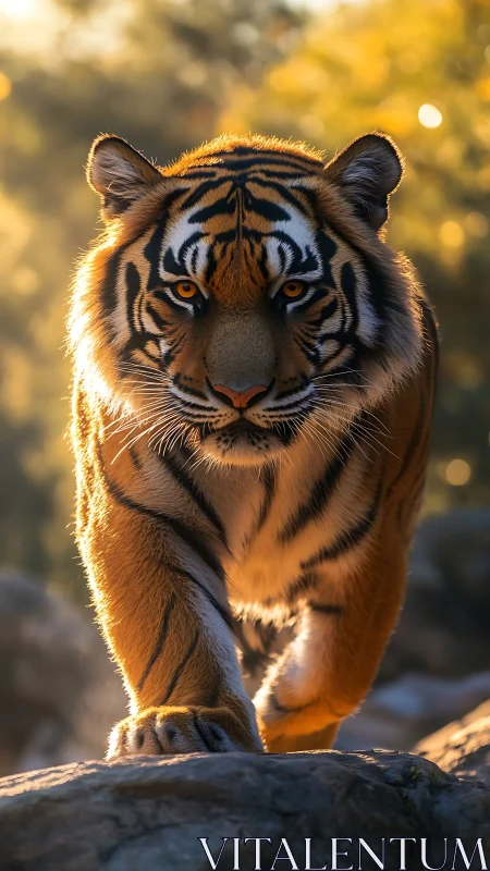 Sunlit tiger steps forward, stitching firelight into stripes