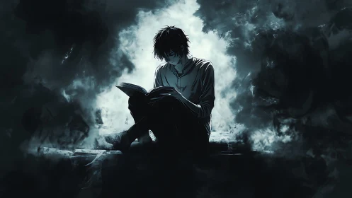 Solitary reader absorbs knowledge in moody monochrome haze.