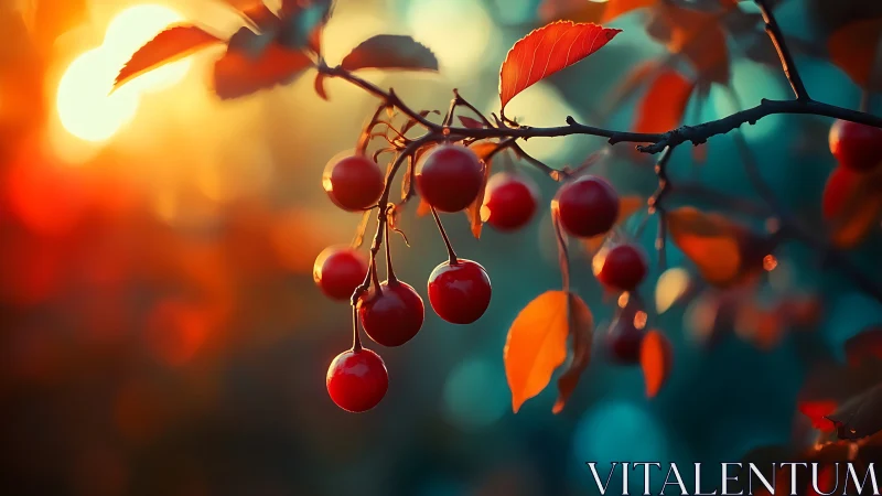 Cherry-like fruits on branch against warm defocused light.