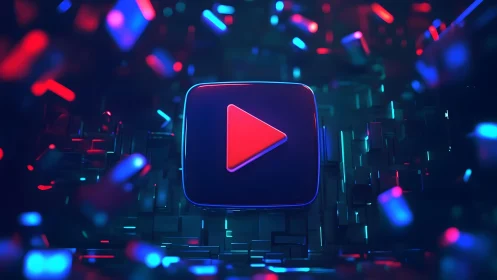Futuristic Play Button Icon in Neon 3D Digital Art Style.