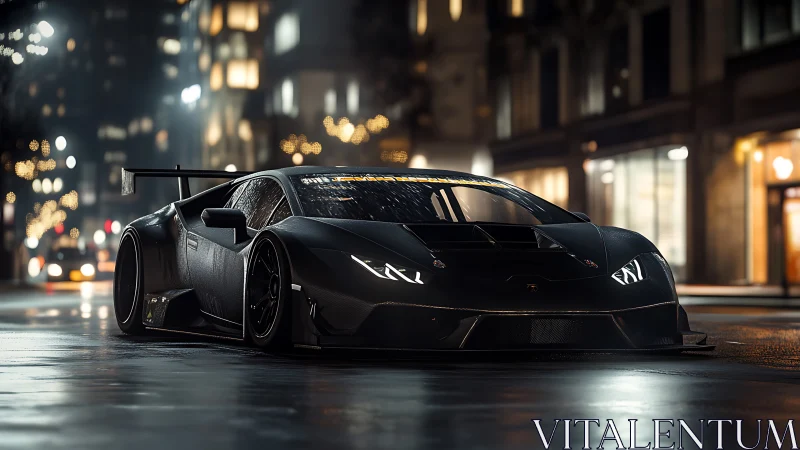 Midnight supercar glides through a glowing city street scene