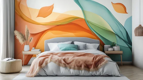 Bedroom oasis framed by flowing abstract wall mural design.