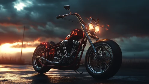 Custom red chopper motorcycle under stormy sunset sky.