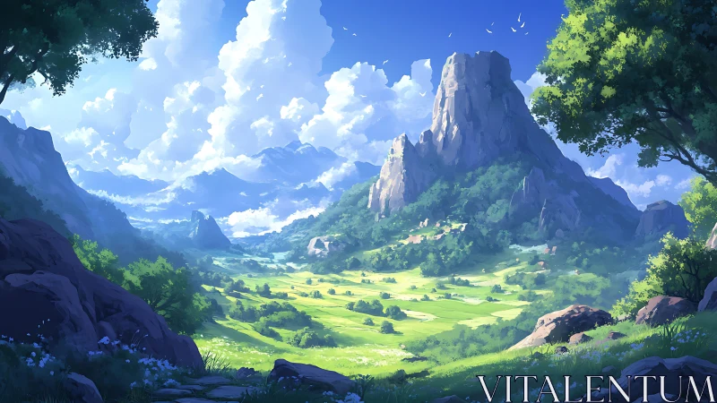 Sunlit valley with monolithic peak under high cumulus buildup