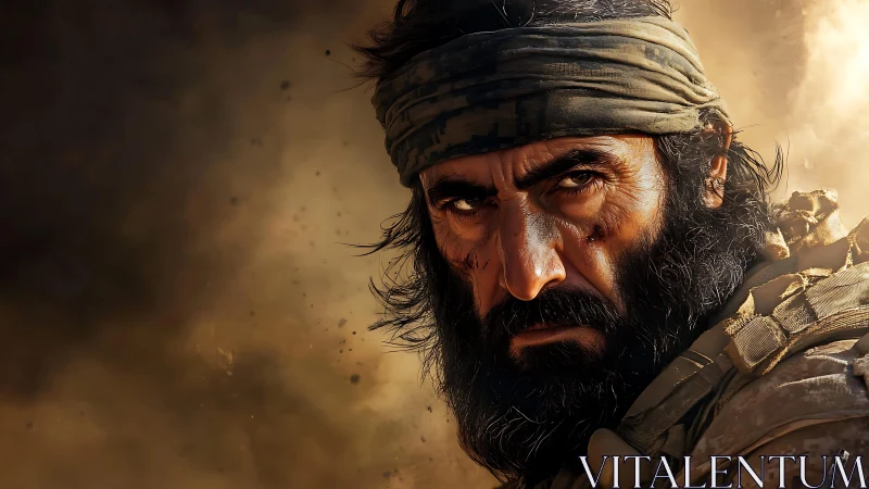 High-resolution tactical portrait of battle-worn soldier.