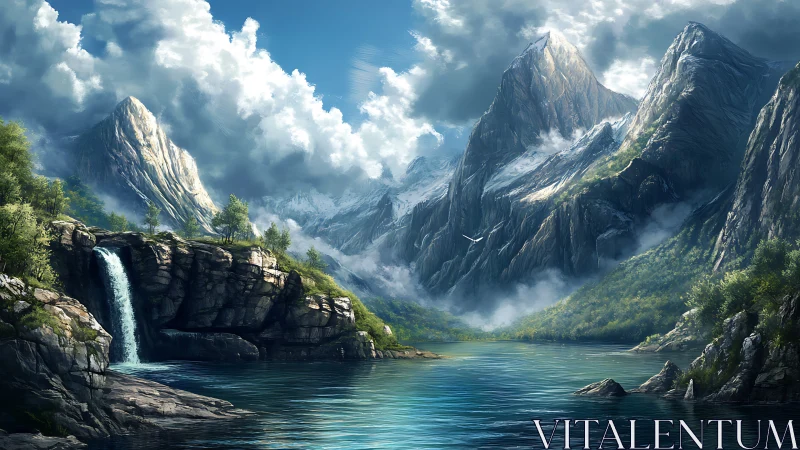 Digital painting of alpine waterfall, lake and cloud-swept peaks.
