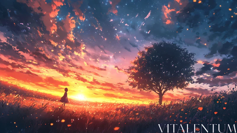 Girl in glowing sunset field under dreamy starlit sky.