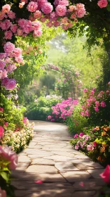 Stone garden path bordered by dense flowering rose arches.