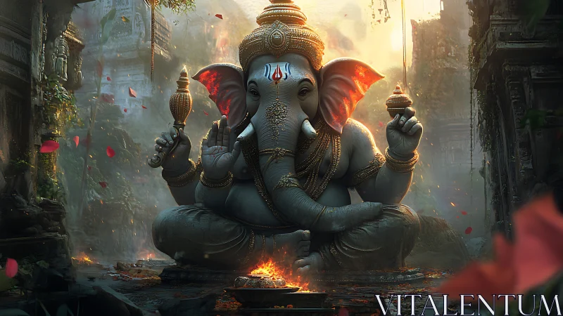 Gentle elephant deity glowing in a misty temple courtyard.