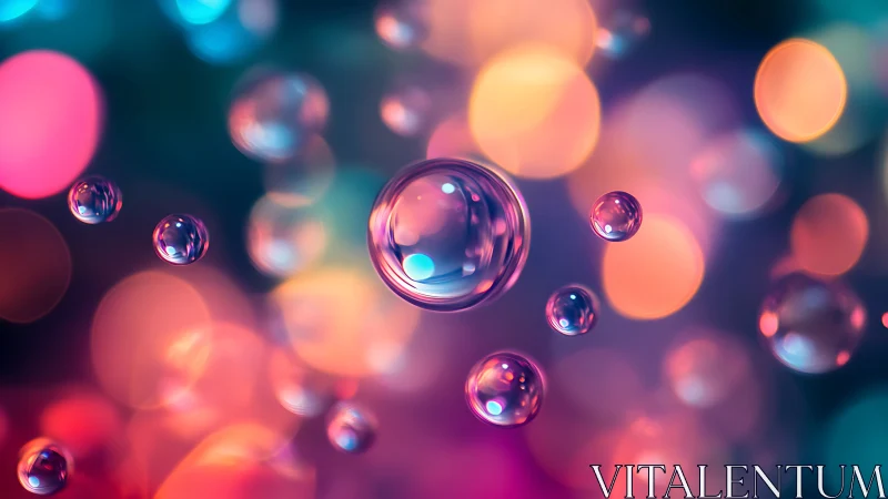 Luminous soap bubbles drift before colorful bokeh lights
