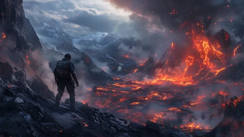 Solitary explorer surveys molten volcanic hellscape.