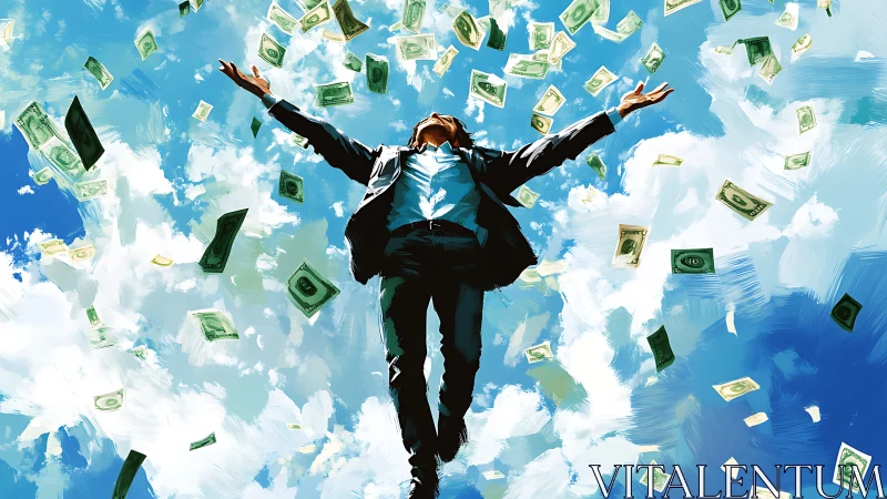 Dynamic upward shot of businessman exulting amid falling money