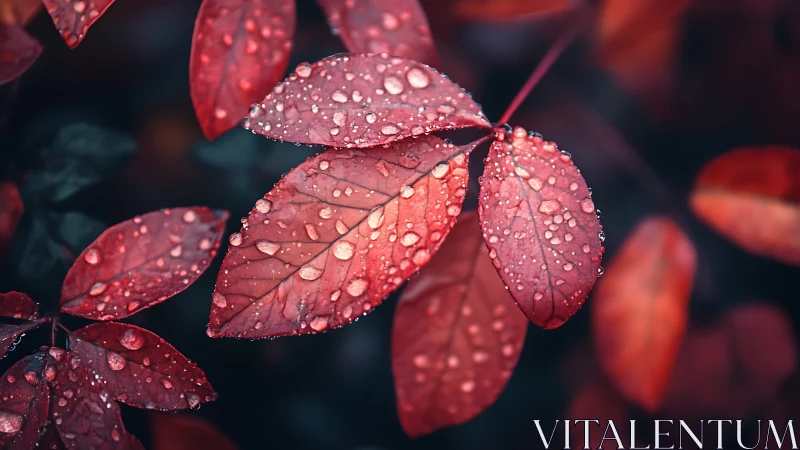 Macro optical study of water-dappled crimson foliage surface.