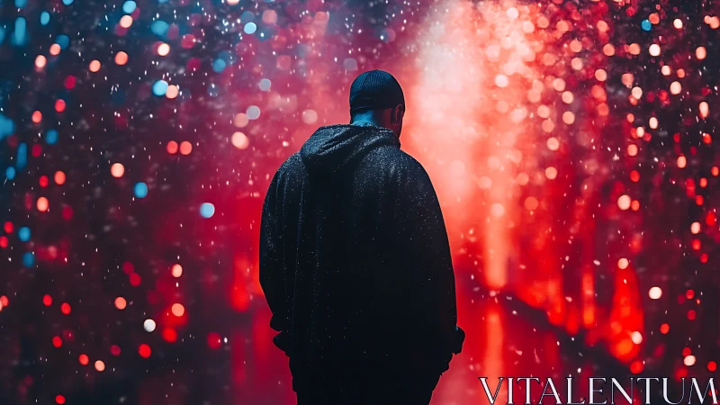 Backlit hooded figure in rain amid red bokeh light field.