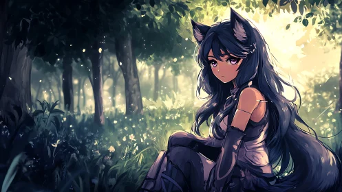 Forest light surrounds fox-eared girl in stylized anime scene.