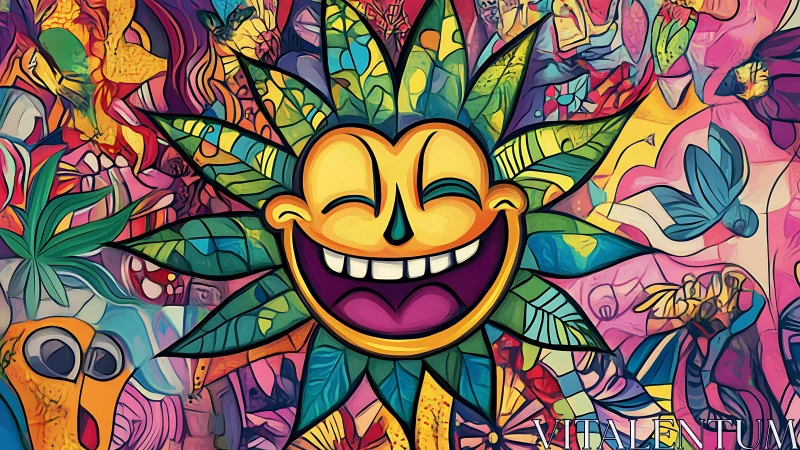 Smiling sun face with leaf rays in bold psychedelic colors.