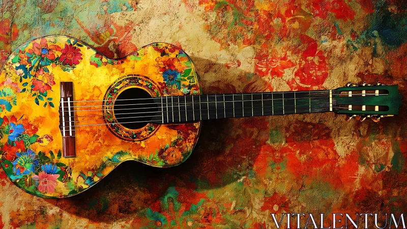 Floral acoustic guitar on textured abstract background.
