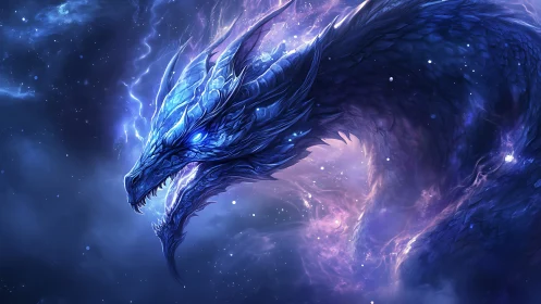 Celestial storm dragon coiled in luminous cosmic nebula.