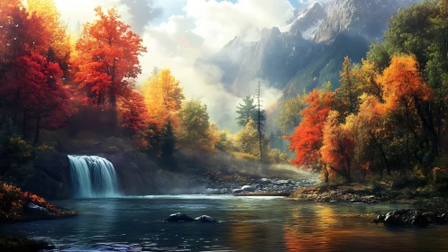 Autumn waterfall valley under misty sunlit mountain peaks.